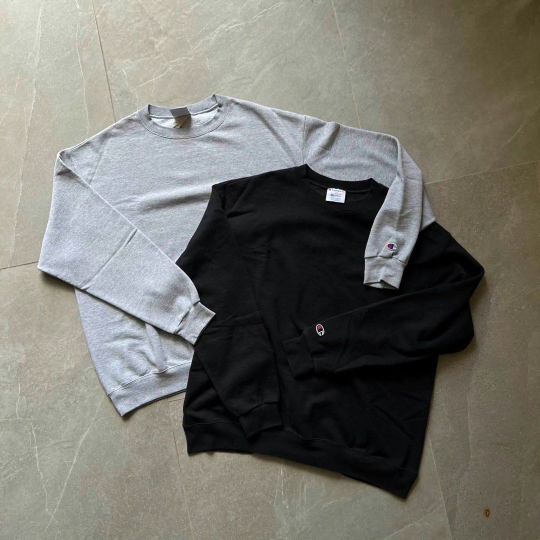 Champion Grey & Black Crewneck Sweatshirt (Category: Coats, Jackets and Outerwear) located in Manila. Submitted by lee_23 (Listing ID 1464023788, Image 2). Description: Dimes:XL 25x27 - Gray 25x 27 - Black.