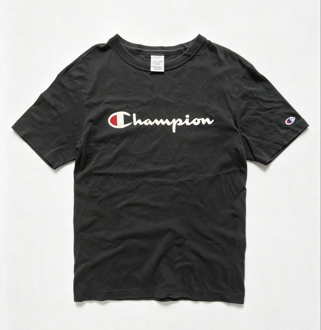 CHAMPION Script Logo Tee Black 19x25 Japan Tag (Category: Tshirts & Polo Shirts ) located in Manila. Submitted by jayve_montecillo (Listing ID 1464107924, Image 1). Description: CHAMPION Script Logo Tshirt Japan Release • Brand: CHAMPION - Authentic Japan Tag C3-P302 • Size: Dimes W19 x L25 | Chest 38” • Color: Black with White Script Logo • Condition: 7/10 - May 1 pinhole see last pic. Print goods pa, embroidered sleeve logo goods • Details: 100
