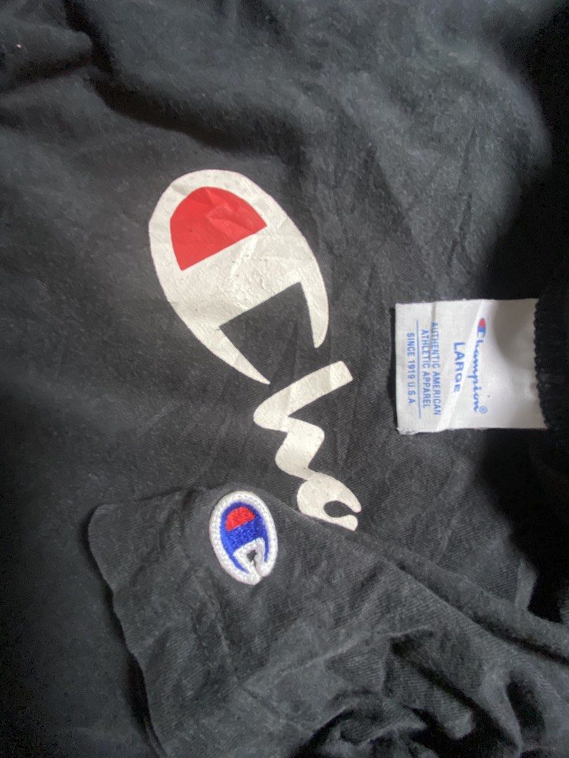 CHAMPION Script Logo Tee Black 19x25 Japan Tag (Category: Tshirts & Polo Shirts ) located in Manila. Submitted by jayve_montecillo (Listing ID 1464107924, Image 2). Description: CHAMPION Script Logo Tshirt Japan Release • Brand: CHAMPION - Authentic Japan Tag C3-P302 • Size: Dimes W19 x L25 | Chest 38” • Color: Black with White Script Logo • Condition: 7/10 - May 1 pinhole see last pic. Print goods pa, embroidered sleeve logo goods • Details: 100