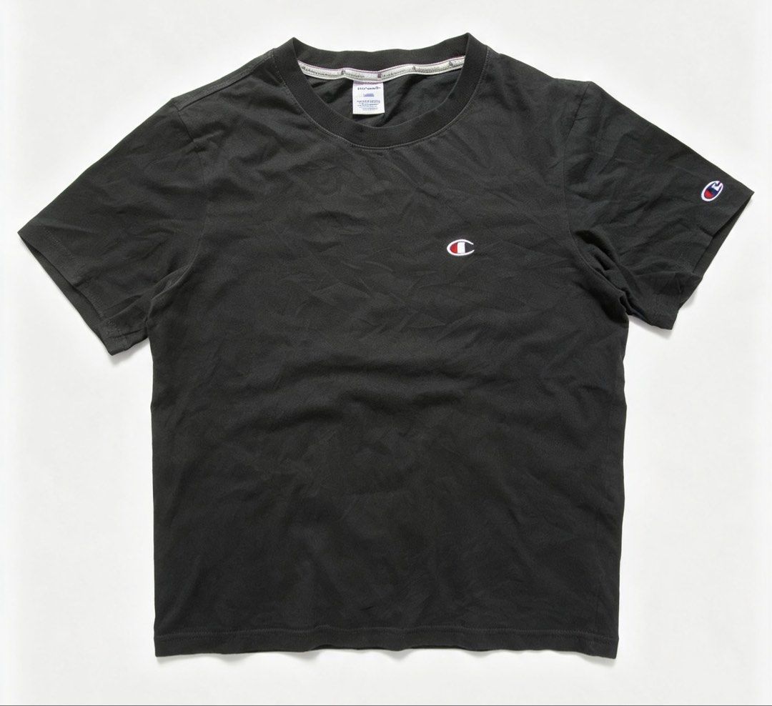 CHAMPION Small C Logo Embroidered Tee Black L Authentic (Category: Tshirts & Polo Shirts ) located in Manila. Submitted by jayve_montecillo (Listing ID 1464108416, Image 1). Description: CHAMPION Small C Logo Embroidered Tshirt • Brand: CHAMPION - Authentic • Size: LARGE on tag • Color: Black • Condition: 8.5/10 - Clean. Embroidered logos goods pa, no crack, no fading • Details: 95% Cotton 5% Poly, Crew neck, Small embroidered C logo sa left ches