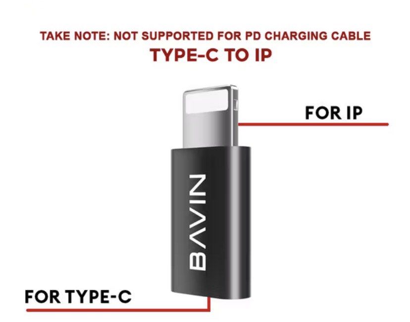 charging adapter, type c to ip (Category: Cables & Adaptors) located in Manila. Submitted by han444.__ (Listing ID 1464039224, Image 2). Description: bavin type c to ip rfs: incompatible for built-in cables on powerbank lol.