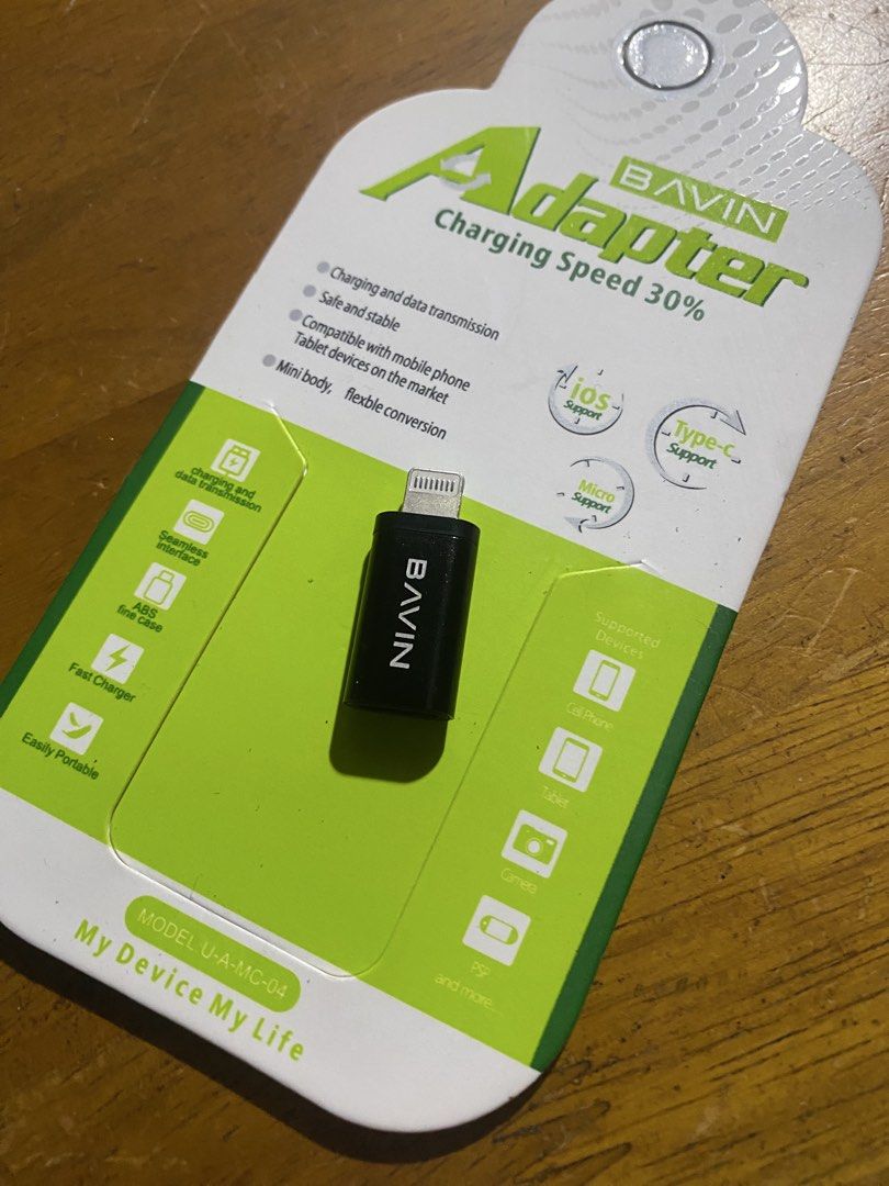 charging adapter, type c to ip (Category: Cables & Adaptors) located in Manila. Submitted by han444.__ (Listing ID 1464039224, Image 1). Description: bavin type c to ip rfs: incompatible for built-in cables on powerbank lol.