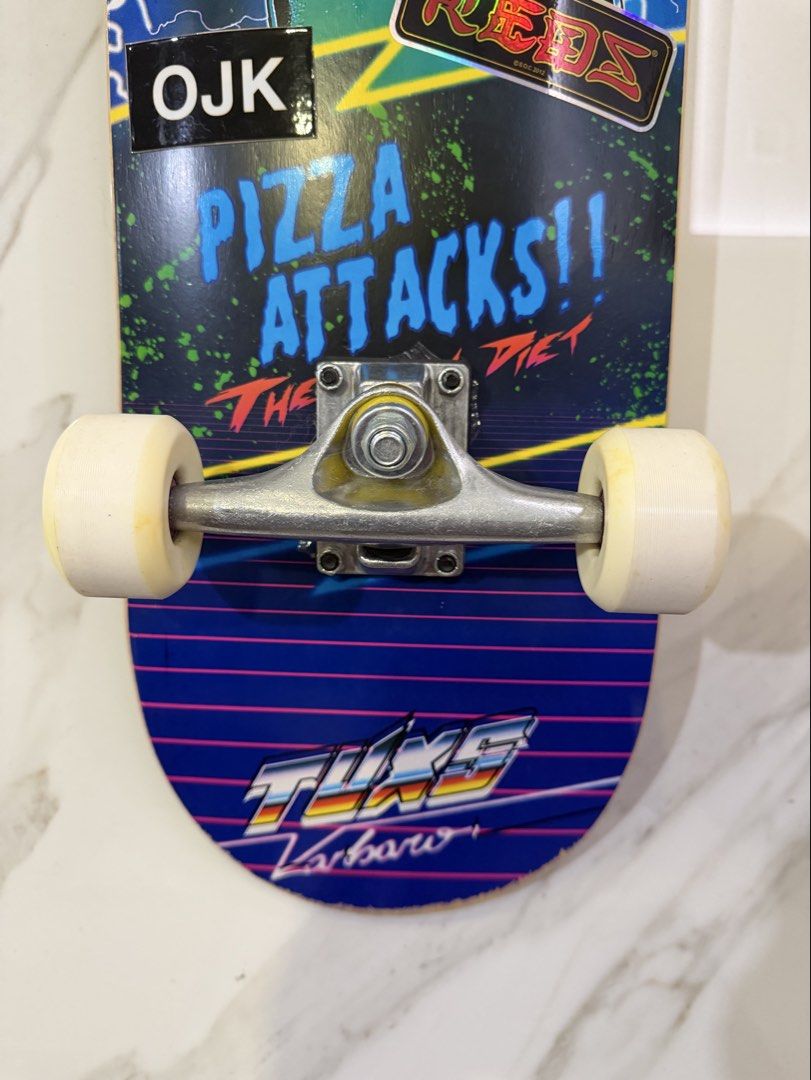 CHASER SKATEBOARD with Custom Stickers (Category: Skates, Rollerblades & Scooters) located in Makati City. Submitted by monkeykingo (Listing ID 1463941950, Image 3). Description: - CHASER SKATEBOARD - Includes custom stickers (Supreme, OJK, and more) - Features a cool pizza attack bottom graphic - Comes with attached trucks and wheels - Ready to ride and perfect for practicing tricks.