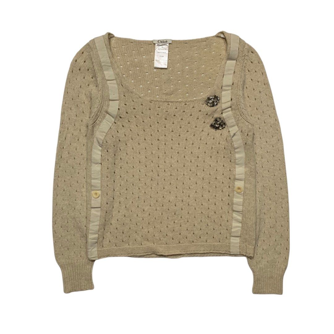 Chloe Knit Sweater (Category: Coats, Jackets and Outerwear) located in Baguio. Submitted by thesecretshop_ph (Listing ID 1464043675, Image 1). Description: Size: XS Lenght: 22” Width: 16” Issues: Needs Wash Fresh From Box.