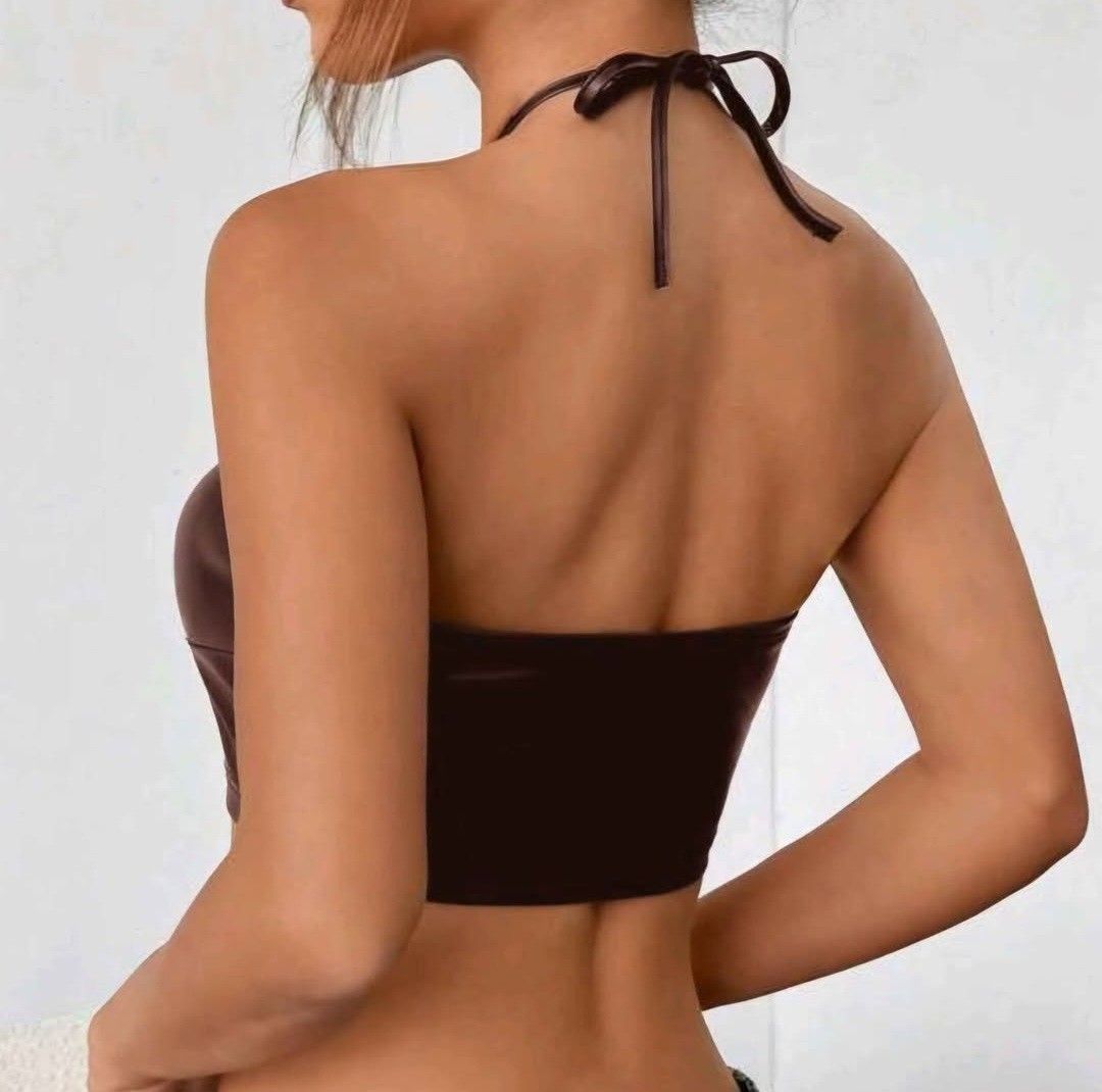 Choco brown leather halter crop top tie back medium n large (Category: Sleeveless) located in Manila. Submitted by nariachic (Listing ID 1464033393, Image 2). Description: Choco brown leather halter crop top tie back medium n large.