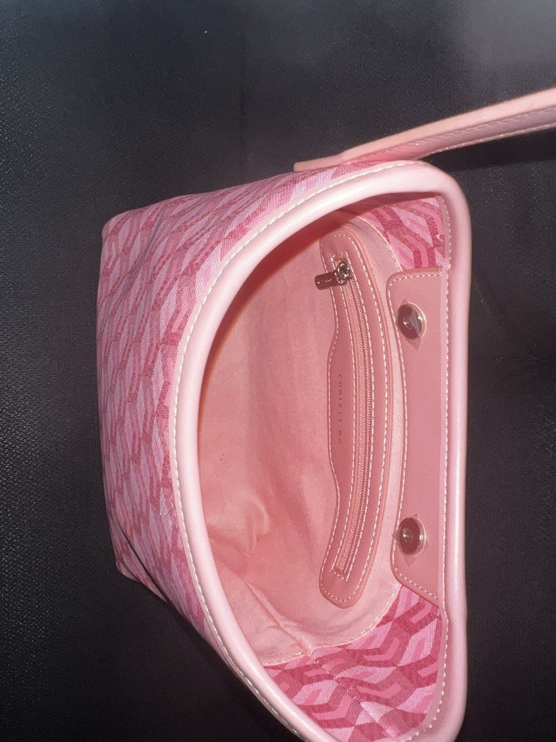 Christy Ng Mini Alesso (Category: Luxury Bags & Wallets) located in Muntinlupa City. Submitted by giachristianina (Listing ID 1464135880, Image 2). Description: - Cute pink shoulder bag - Geometric monogram pattern - Soft pink fabric lining - One main compartment - Interior zippered pocket - Light beige strap - Ideal for everyday or night out.