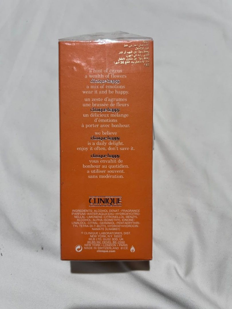 Clinique Happy (Category: Fragrance & Deodorants) located in Marikina City. Submitted by fammmm1993 (Listing ID 1464033462, Image 2). Description: Clinique Happy Perfume Spray 100ml Bought in Dubai RFS: Sobra sa pasabuy.