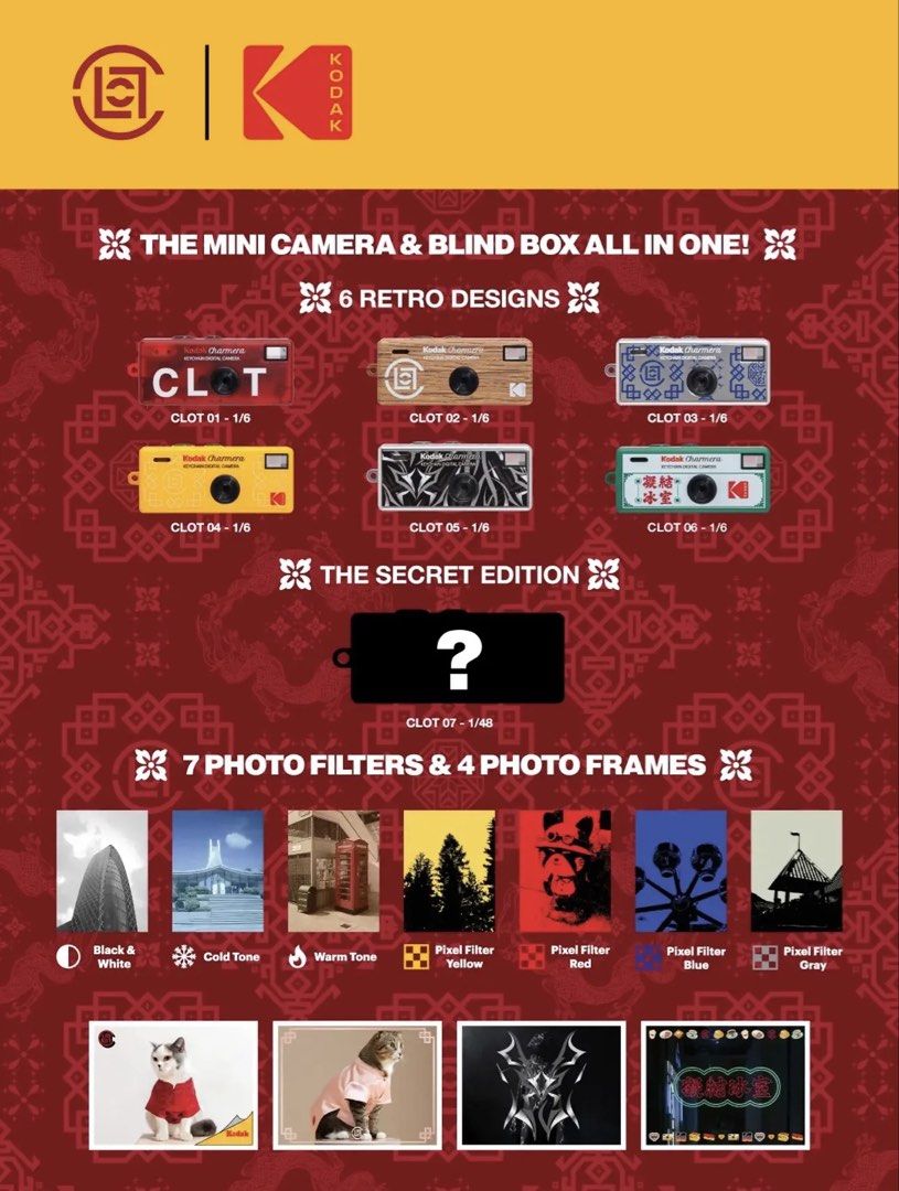 ON HAND || CLOT x KODAK CHARMERA (Category: Cameras) located in Las Pinas. Submitted by printandpreservebyk (Listing ID 1464119616, Image 2). Description: AVAILABLE ON HAND • Translucent Red: CLOT 01 / Translucent CLOT Red - SOLD • Black: Alienegra (with a metallic finish) • Metallic Blue: Blue Silk Royale - SOLD • KODAK Yellow: Yellow Silk Royale • Green & Off-White: CLOT Canton Cafe - RESERVED • Wood-Grain: Retro Wood-Grain Design Not just a ca