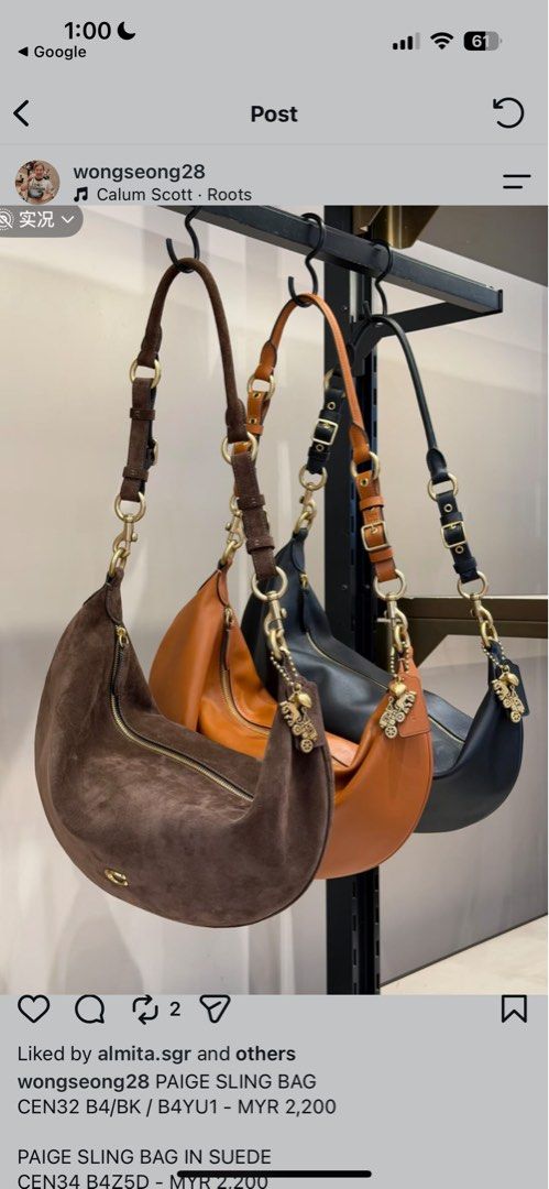 Coach Paige Sling Bag Suede & Leather (Category: Shoulder Bags) located in Caloocan City. Submitted by brandeditemsph (Listing ID 1464042046, Image 1). Description: - Coach Paige sling bag - Available in suede or leather - Adorable horse carriage charm included - Elegant gold hardware - Secure zipper closure - Adjustable strap for comfort - Ideal everyday bag.
