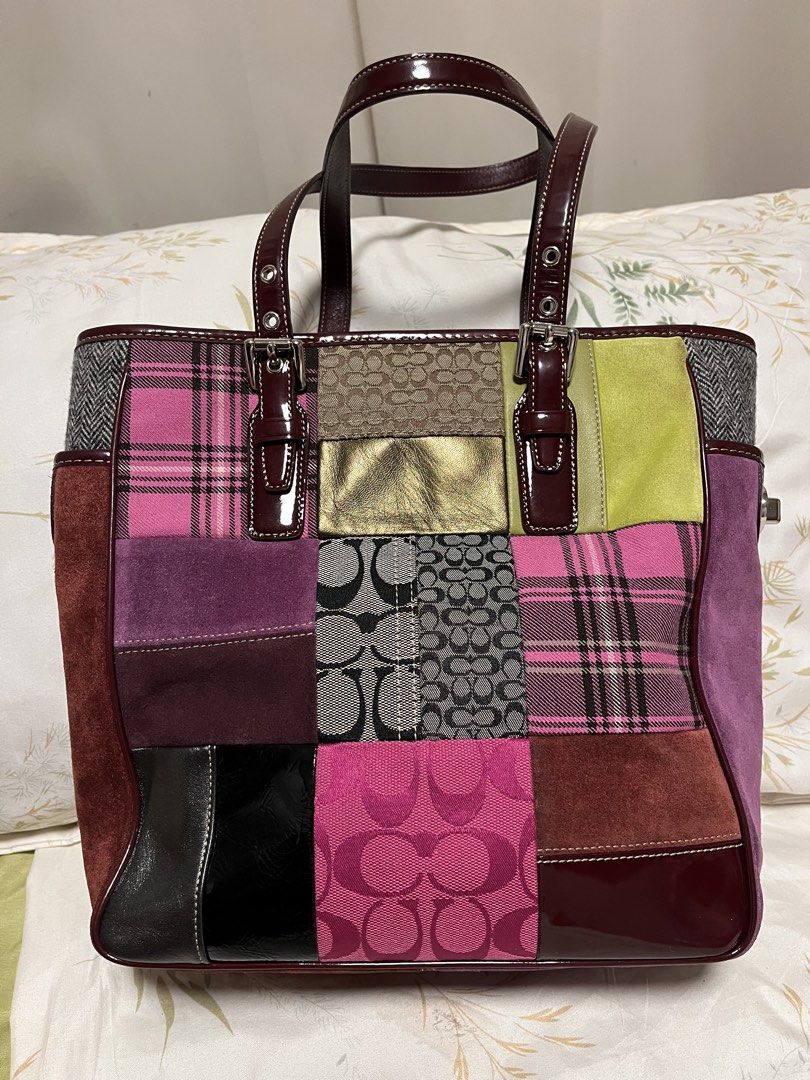 Coach Patchwork Tote Bag (Category: Tote Bags) located in Cabanatuan. Submitted by designerdepot.c (Listing ID 1464072573, Image 2). Description: - Fun Coach patchwork tote bag - Features a mix of colors (pink, purple, green, gold, etc.) and textures - Includes classic Coach logo pattern - Genuine leather handles and trim - Ideal for everyday use or weekend getaways.
