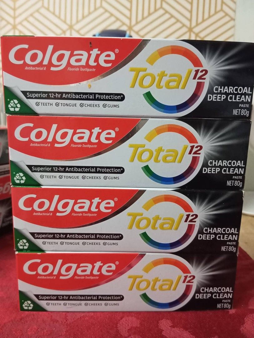 Colgate Total 12 Charcoal Deep Clean Toothpaste 80g (4 Pack) (Category: Oral Care) located in Quezon City. Submitted by mkesimsa_six67 (Listing ID 1463979087, Image 1). Description: -135 each Set of 4 Colgate Total 12 Charcoal Deep Clean toothpaste tubes - Each tube contains 80g - Provides superior 12-hour antibacterial protection - Cleans teeth, tongue, cheeks, and gums - Leaves your mouth feeling deeply clean.