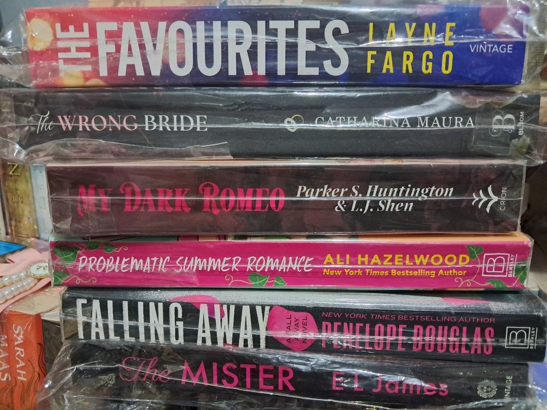 Collection of Romance Books (Category: Storybooks) located in Caba. Submitted by alyssa.m. (Listing ID 1463942152, Image 1). Description: tha favourites-500 wrong bride- 470(sprayed)❗️foxing my dark romeo- 250 ❗️foxing problematic summer- 400 falling away- 400 ❗️dent the mister -100 ❗️foxing Have time to read po 🩷 ❗I REUSE/RECYCLE ♻️ materials for packing po. Hindi siya aesthetic sa mata 🤣 ❗️ Hindi po ako bumibili mismo sa publishers/kilalang s