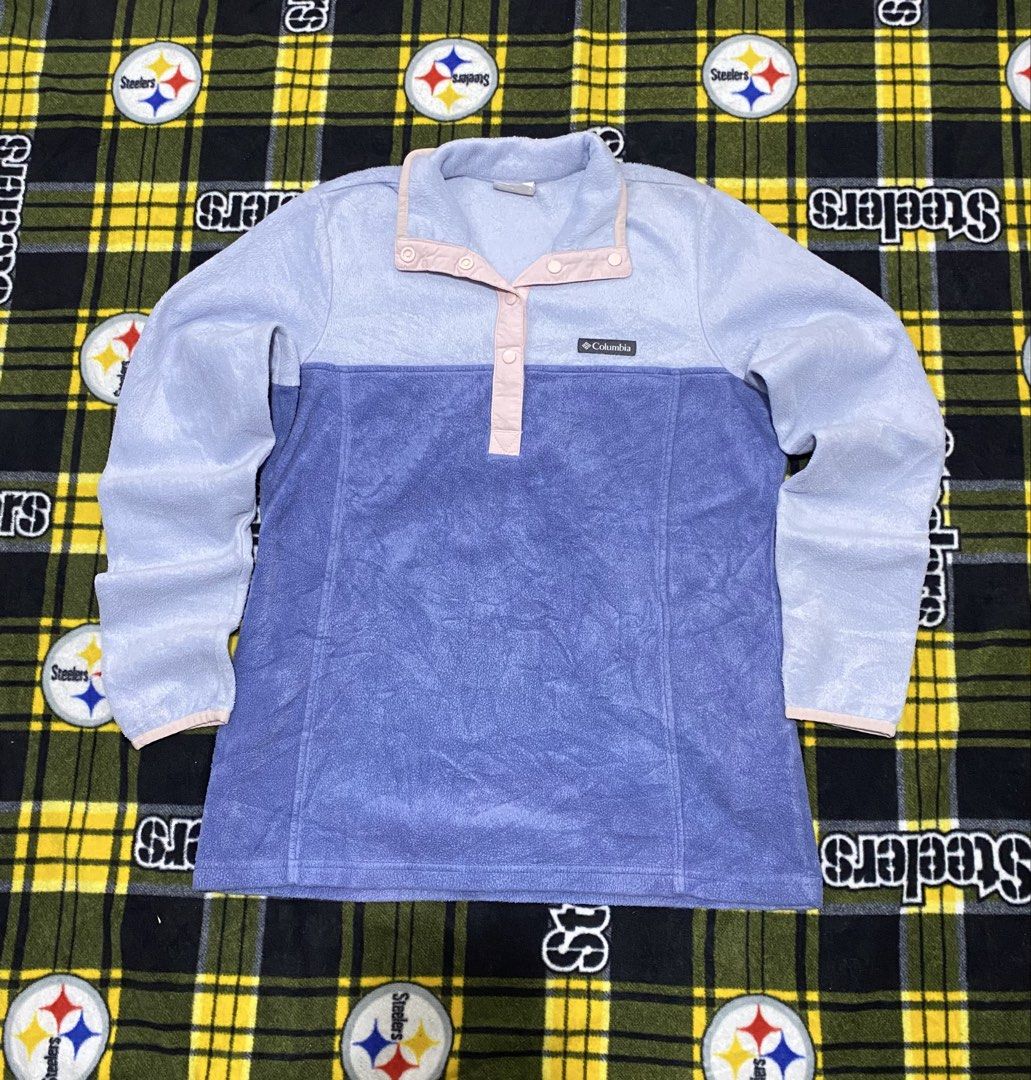 COLUMBIA,Fleece sweatshirt (Category: Coats, Jackets and Outerwear) located in Cavite. Submitted by jc_thrift95 (Listing ID 1464049881, Image 1). Description: - a cozy Columbia colorblock fleece pullover featuring a light blue upper body and a darker purple lower half, accented with a contrasting pink snap-button placket. - Made in Vietnam - Color rate 8/10 - See pictures details for dimes..