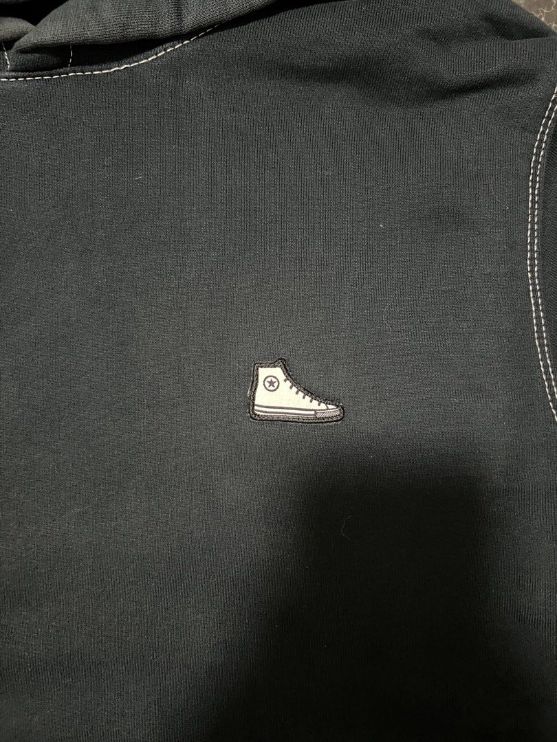 Converse Black Hoodie with Sneaker Logo (Category: Hoodies) located in Manila. Submitted by justin_sy (Listing ID 1463983473, Image 2). Description: - Black Converse hoodie - Small embroidered high-top sneaker logo on chest - Contrast white stitching throughout - Kangaroo pocket - Size: US S / EUR S - Made in China.