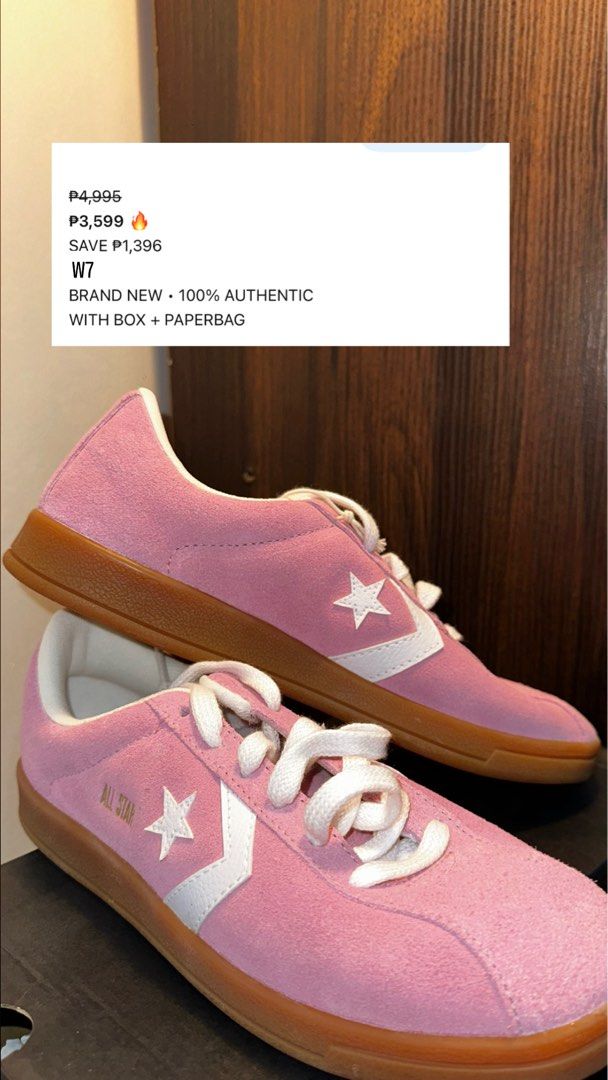 Converse Shoes (Category: Casual Shoes) located in Alabel. Submitted by carlitooo17 (Listing ID 1464116572, Image 2). Description: Selling these pink Converse All Stars. Suede material with a gum sole. Super cute color. Comes with the original box and paperbag. Never worn, 100% authentic. Size M7/W8.5..