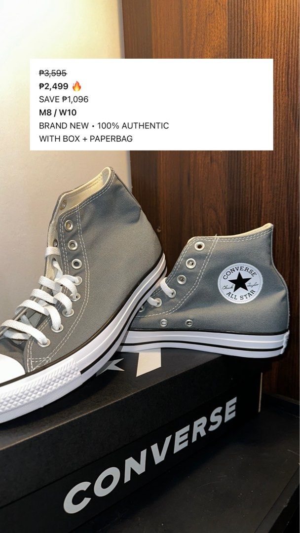 Converse Shoes (Category: Sneakers) located in Alabel. Submitted by carlitooo17 (Listing ID 1464116654, Image 1). Description: Grey Converse high tops. 100% authentic. Comes with the original box and paperbag. Size M8/W10..