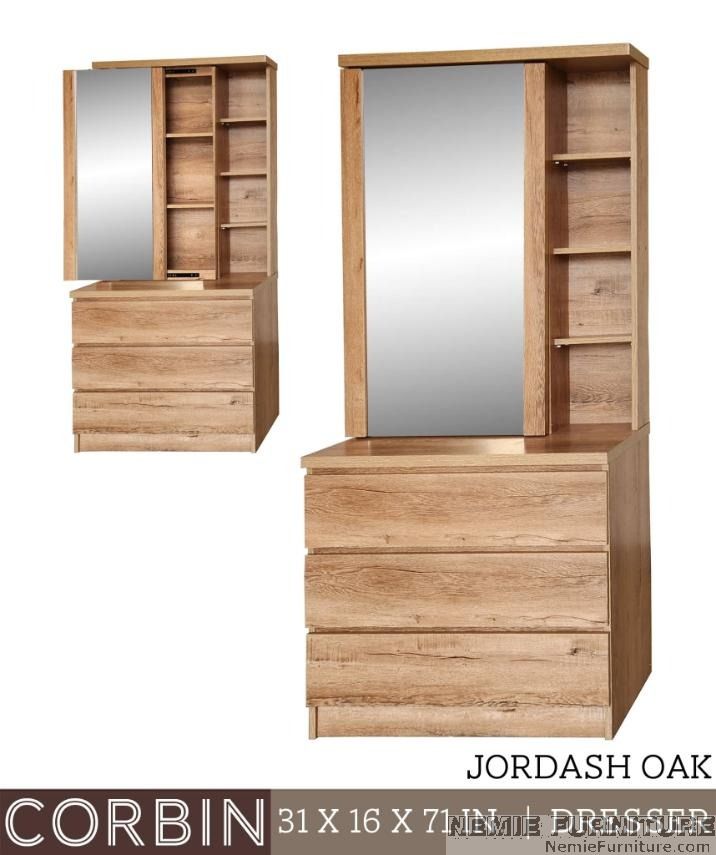 Corbin dressing table / dresser (Category: Shelves, Cabinets & Racks) located in Quezon City. Submitted by nemiefurniture (Listing ID 1463969202, Image 1). Description: - Corbin Jordash Oak Dresser - Dimensions: 31" (W) x 16" (D) x 71" (H) - Features a sliding mirror - Built-in shelves for storage - Plenty of drawer space - Beautiful light oak wood grain finish - Ideal for organizing your bedroom https://nemiefurniture.com Prices negotiable .