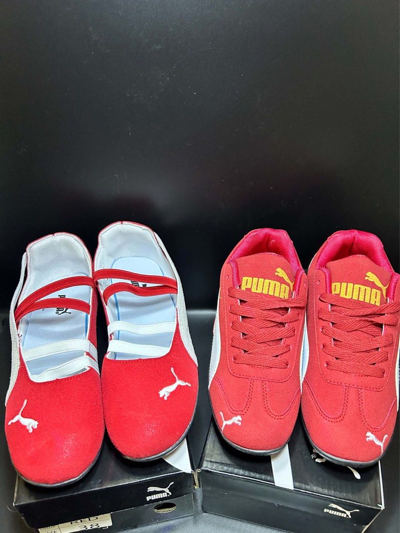 Couple Puma Red Shoes (Category: Casual Shoes) located in Rizal. Submitted by sakre (Listing ID 1464044771, Image 2). Description: - Couple pairs of red Puma shoes - Includes one pair of ballet flats with straps. - Includes one pair of lace-up sneakers. - Both pairs feature white accents and the Puma logo. - Comes with original boxes for both pairs..