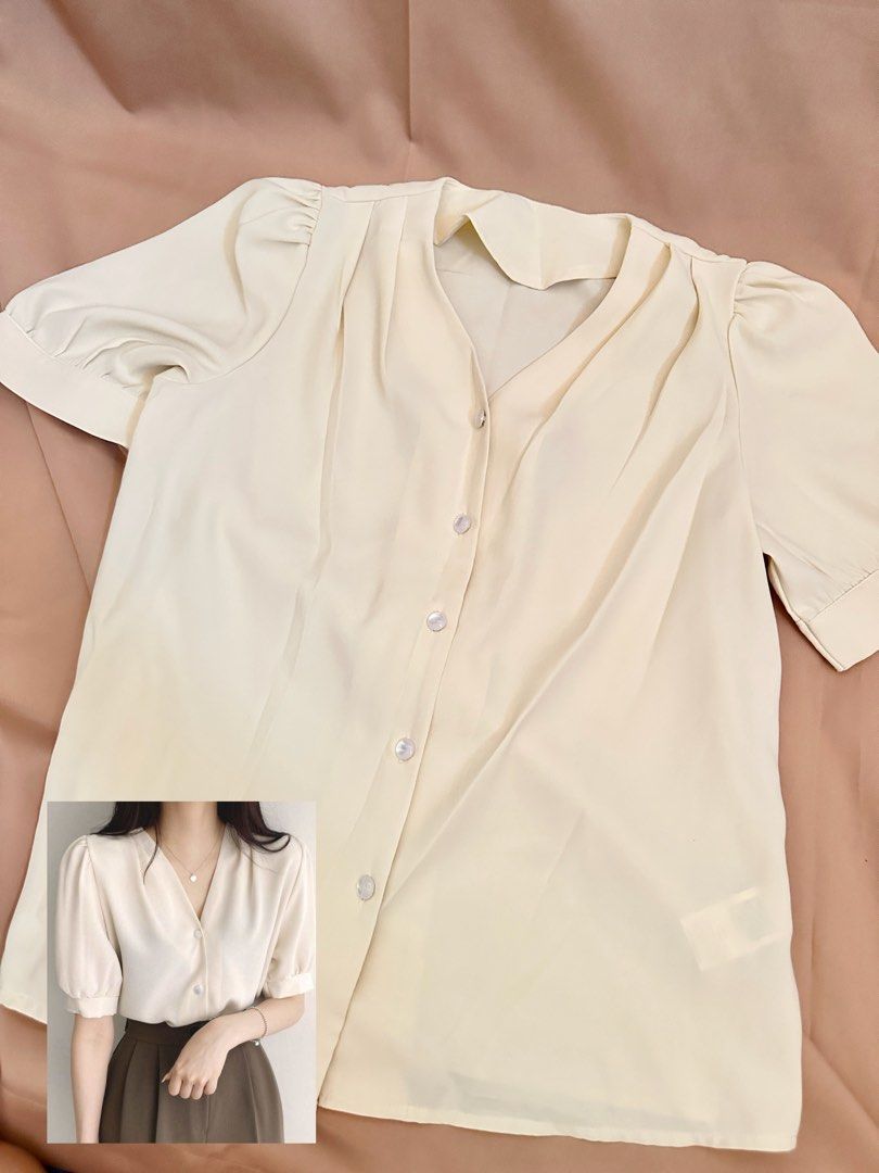 Cream Puff Sleeve V-Neck Blouse (Category: Blouses) located in Carmona. Submitted by arkyves (Listing ID 1464023361, Image 1). Description: Preloved Size: Small-Medium Need wash .