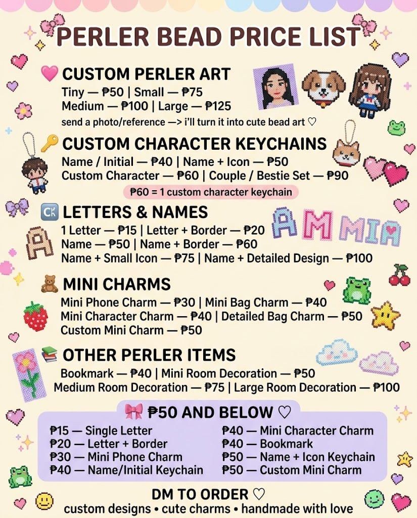 Custom Perler Bead Art, Keychains, Charms & More! (Category: Handmade Craft) located in Bacoor. Submitted by riea_y (Listing ID 1464113667, Image 1). Description: - Handmade perler bead creations - Custom designs available: art, keychains (with names/characters), letters, mini charms - Also offering bookmarks and room decorations - Prices start at P15 - DM to order your unique piece!.