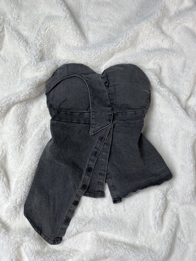 Dark Gray Denim Asymmetrical Corset Top (Category: Others Tops) located in Polomolok. Submitted by allisthriftsph (Listing ID 1464103598, Image 1). Description: Padded.