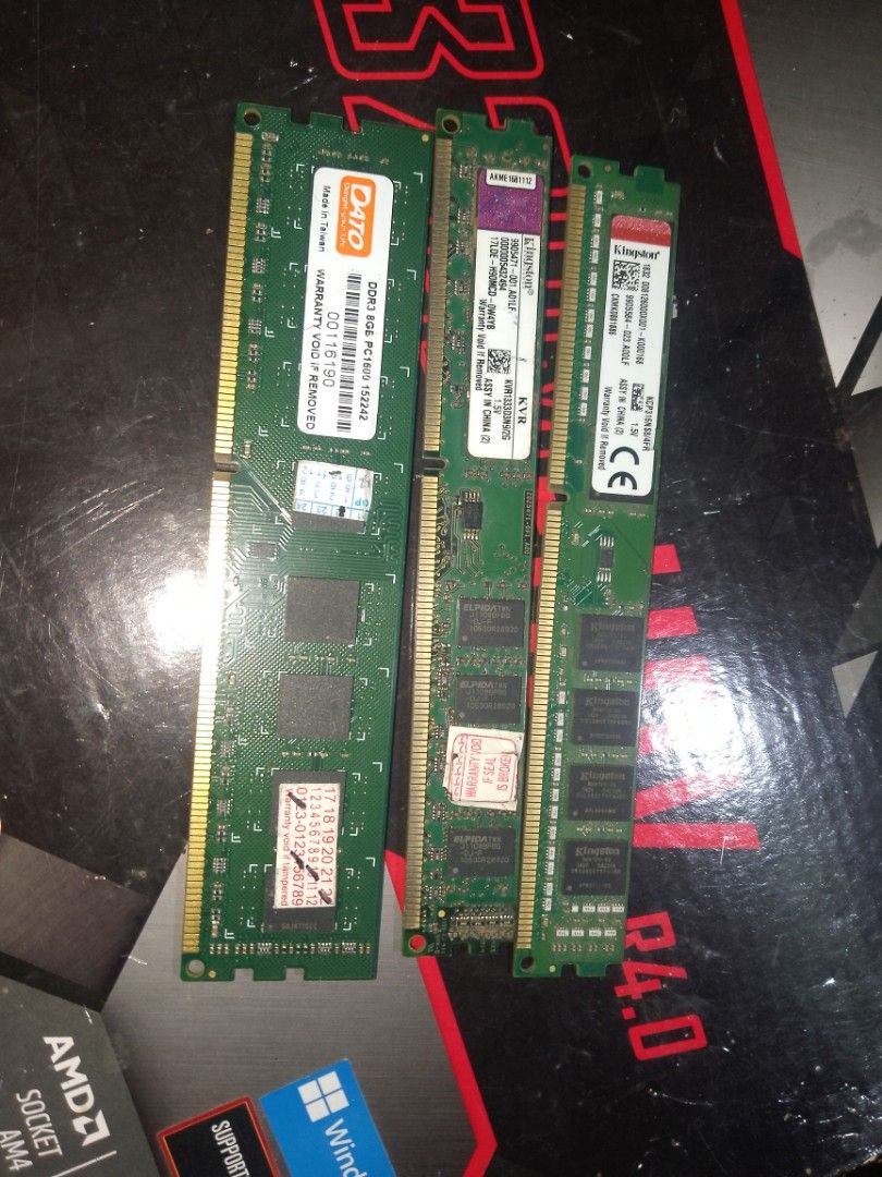 DDR3 RAM Modules - 8GB, 4GB, 4GB (Category: Computer Parts) located in Caloocan City. Submitted by bernalruel46722 (Listing ID 1463953834, Image 1). Description: - Upgrade your PC's performance with this DDR3 RAM bundle. - Includes: 1x 8GB DATO PC1600 RAM module - Includes: 2x 4GB Kingston RAM modules (KVR & KCP series) - All modules are 1.5V. - Perfect for boosting your computer's speed. - Please check your motherboard's compatibility before buy