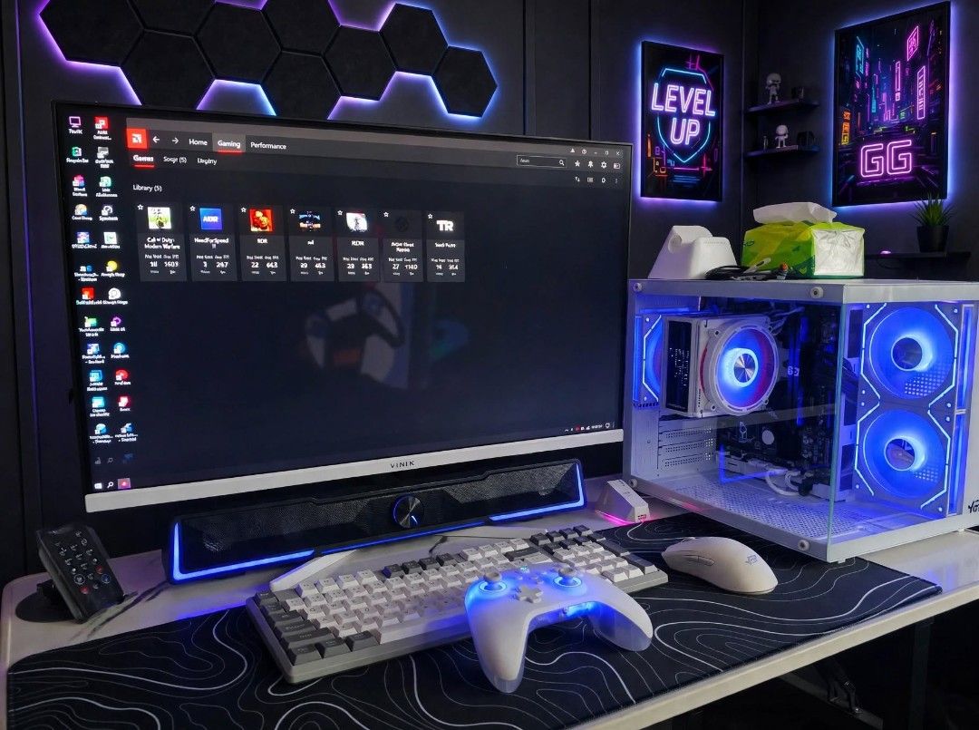 Desktop white build pc set (Category: Desktops) located in Manila. Submitted by calmfire_c56778 (Listing ID 1464046626, Image 3). Description: For sale... Ryzen 5 5600G 6 Core 12 Threads Darkflash e400 plus cpu cooler V-color ram 2x8gb ddr4 3200mhz Kimtigo 256gb Nvme ssd main storage Iplex 256gb ssd secondary storage Ovation B450m motherboard 800 watts power supply Red dragon tri-mode wireless keyboard Ygt tri-mode wireless mouse Ygt gaming case 