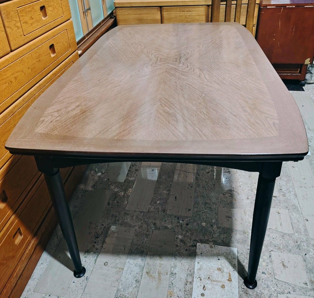 Dining Table (Category: Tables & Sets) located in Taguig. Submitted by sydney08.owl (Listing ID 1463984487, Image 2). Description: Available: Dining Table good for 6 seater Description Details: - Size: L-59" x W-35.5" x H-28 inches - Top: Wood veneer with unique herringbone/chevron wood grain pattern very elegant and vintage Japan style - Legs: Black painted solid wood, sturdy at modern contrast - Shape: Rectangle with slightly rounded corners - 
