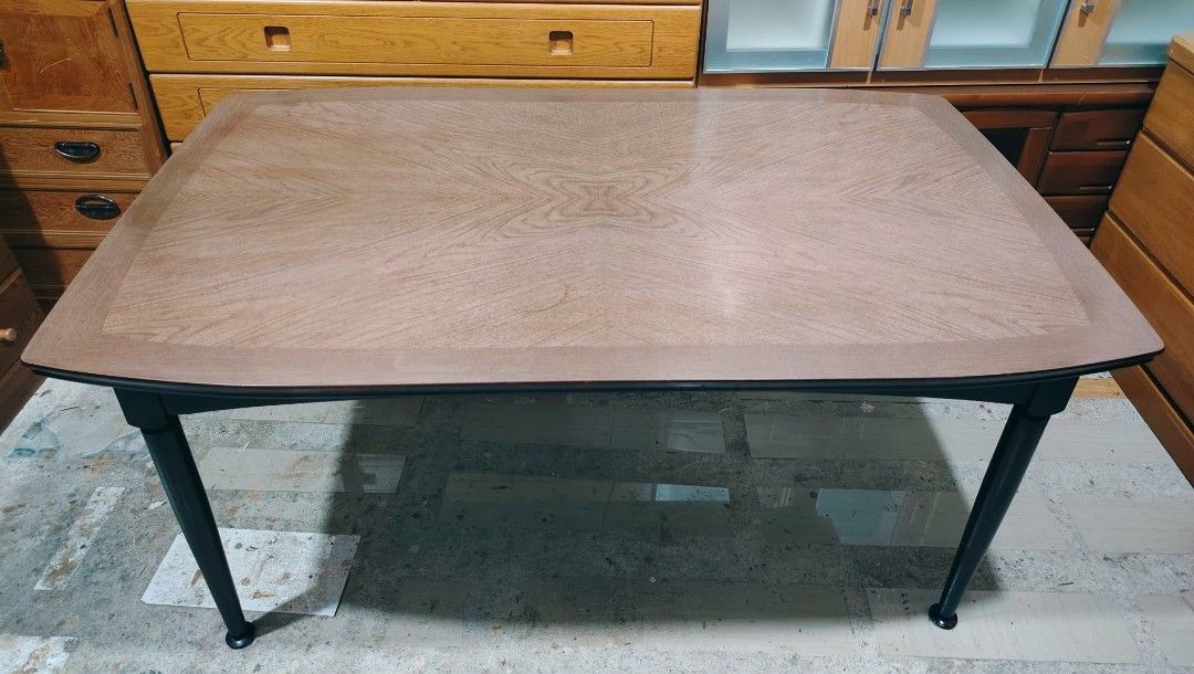Dining Table (Category: Tables & Sets) located in Taguig. Submitted by sydney08.owl (Listing ID 1463984487, Image 3). Description: Available: Dining Table good for 6 seater Description Details: - Size: L-59" x W-35.5" x H-28 inches - Top: Wood veneer with unique herringbone/chevron wood grain pattern very elegant and vintage Japan style - Legs: Black painted solid wood, sturdy at modern contrast - Shape: Rectangle with slightly rounded corners - 