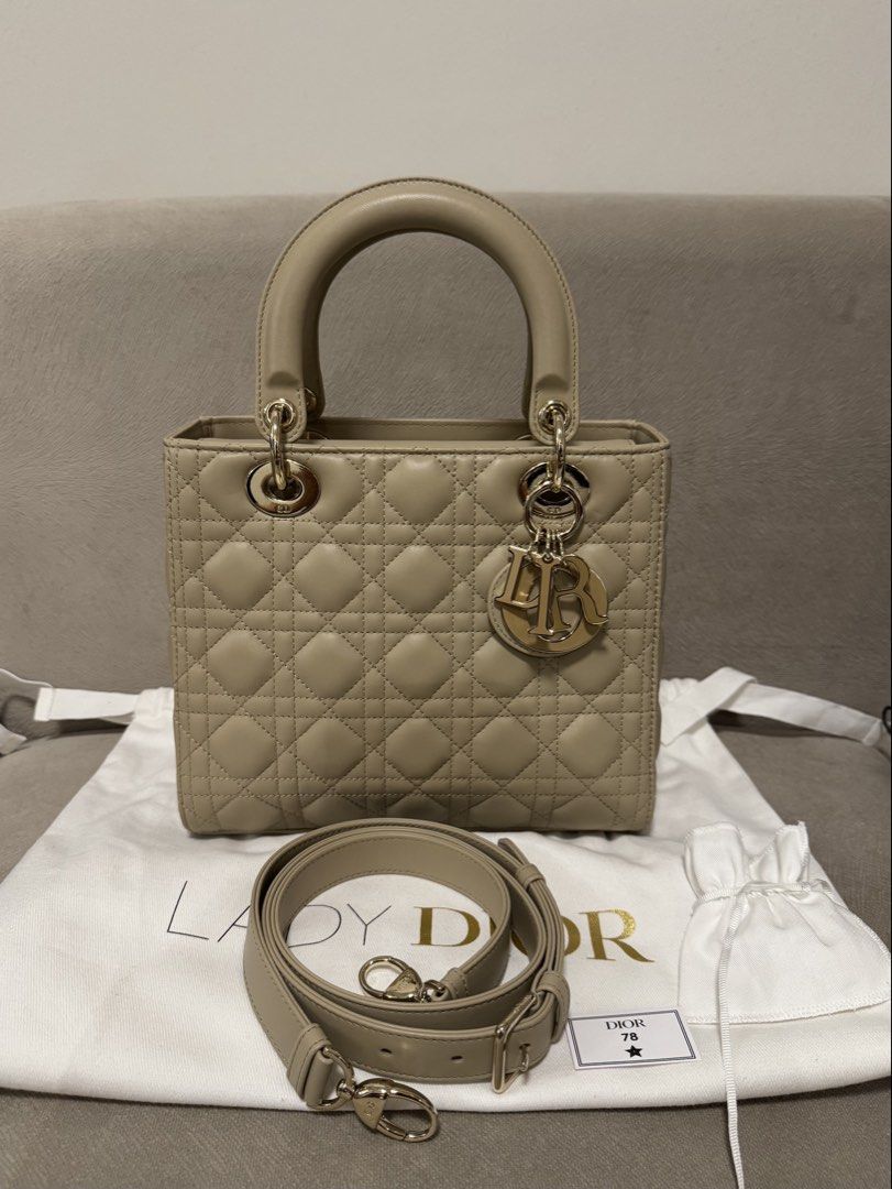 Dior Lady Dior medium (Category: Luxury Bags & Wallets) located in Taguig. Submitted by byebyebabies (Listing ID 1464034255, Image 1). Description: - Authentic Dior Lady Dior Bag - Color: Beige - Material: Lambskin Leather - Iconic Cannage Stitching - Gold-tone Hardware - Includes Original Dust Bag - Includes Detachable Strap - Interior and Exterior: Very Clean - Ready for its New Owner.