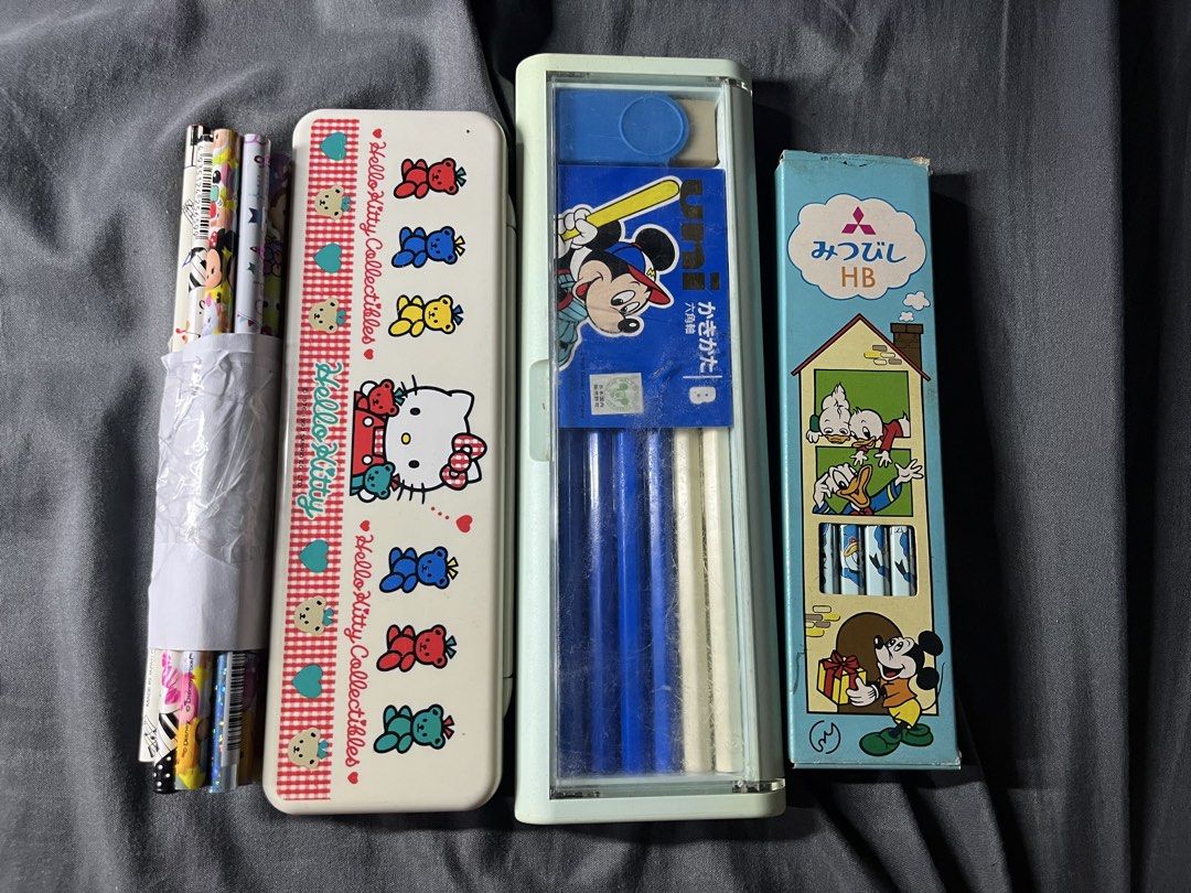 Disney Mickey Mouse & Hello Kitty Pencils, Ruler, Pencil Case Set (Category: Stationery & School Supplies) located in Manila. Submitted by mdctarts (Listing ID 1464089057, Image 1). Description: Take all 300 - Adorable stationery set featuring beloved characters: Mickey Mouse, Minnie Mouse, Donald Duck, Daisy Duck, and Kitty. - Set includes essential school supplies: pencils, a ruler, and a pencil case. - Some pencils are still in their original 