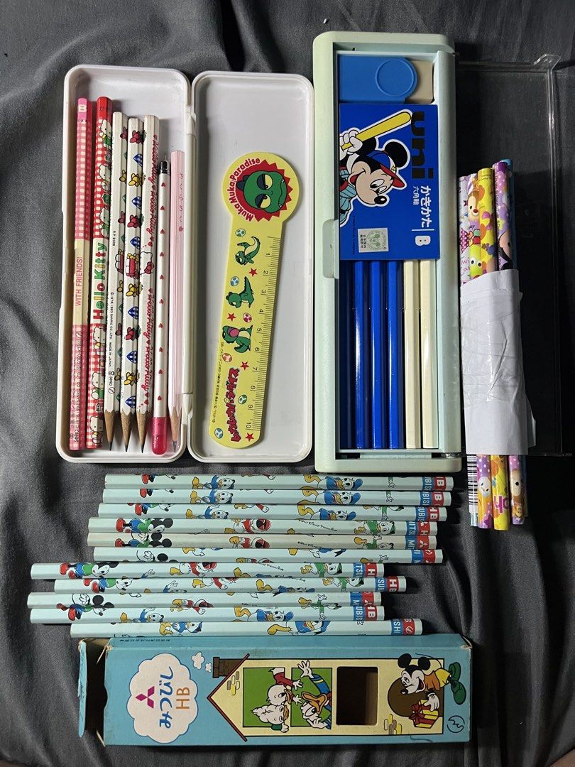 Disney Mickey Mouse & Hello Kitty Pencils, Ruler, Pencil Case Set (Category: Stationery & School Supplies) located in Manila. Submitted by mdctarts (Listing ID 1464089057, Image 2). Description: Take all 300 - Adorable stationery set featuring beloved characters: Mickey Mouse, Minnie Mouse, Donald Duck, Daisy Duck, and Kitty. - Set includes essential school supplies: pencils, a ruler, and a pencil case. - Some pencils are still in their original 