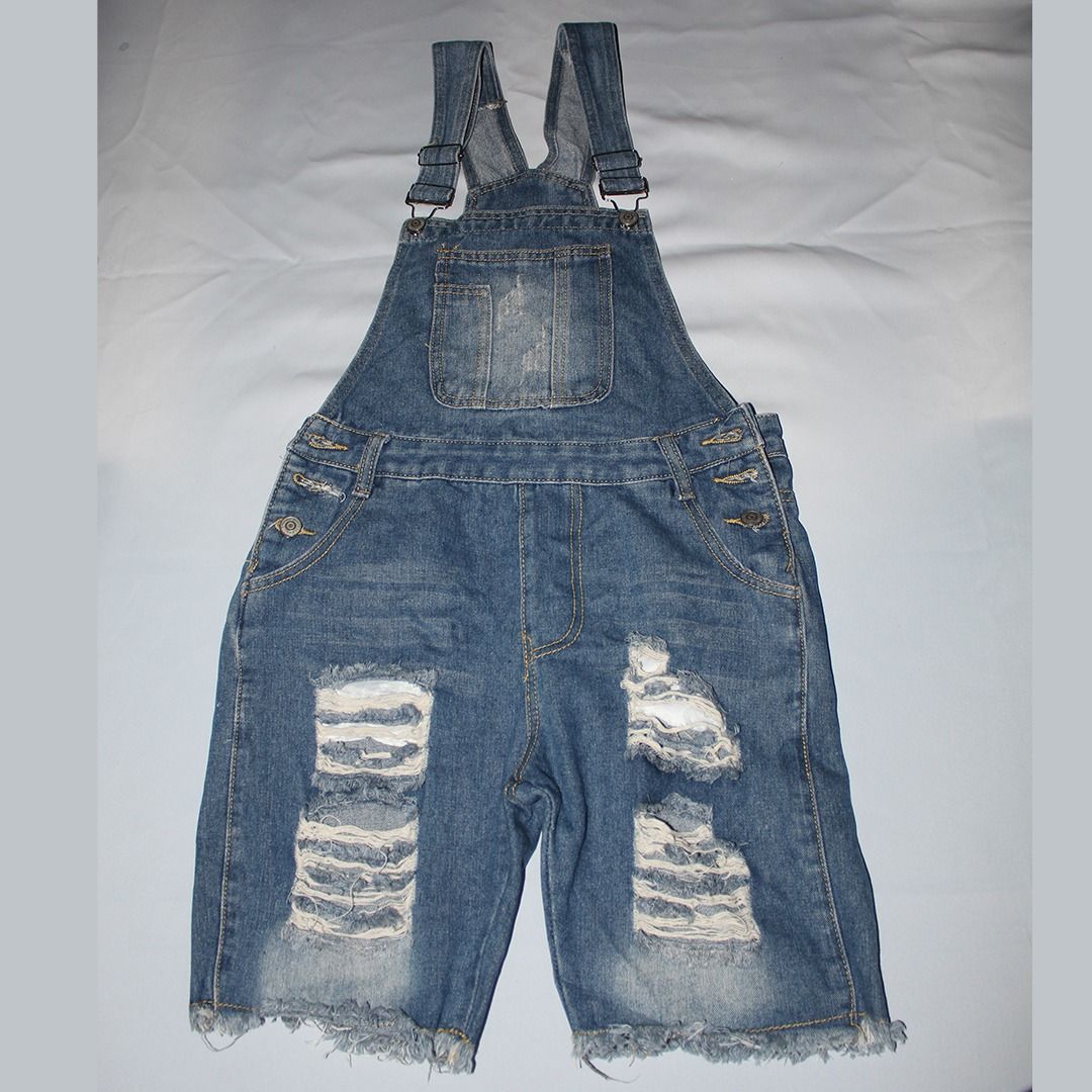 Distressed Denim Short Overalls (Category: Jumpsuits) located in Tanauan. Submitted by arlene_panganiban (Listing ID 1463997914, Image 2). Description: - Blue denim short overalls - Distressed rips on legs - Frayed hem - Adjustable straps - Bib pocket - Ideal for casual wear.