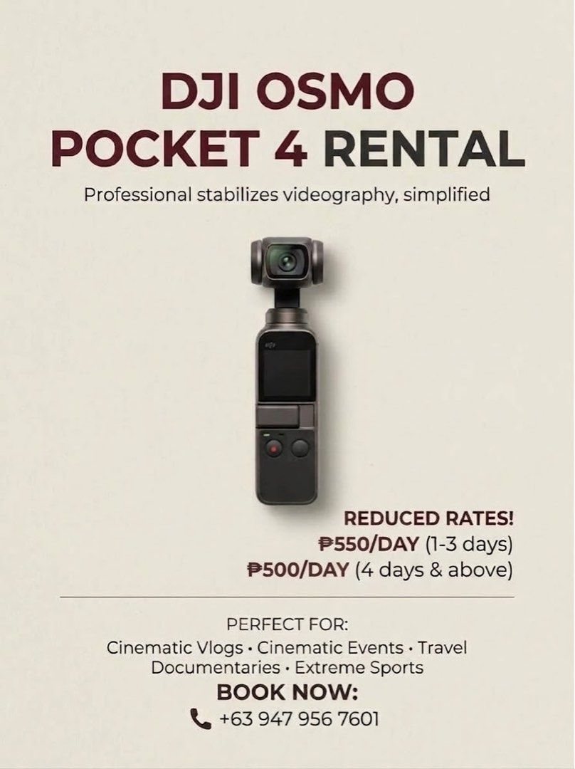 DJI Osmo Pocket 4 for Rental (Category: Video Cameras) located in Manila. Submitted by beb777 (Listing ID 1463942826, Image 1). Description: 📢 Attention Creators! Level up your content game! 📸✨ We are officially open for DJI OSMO POCKET 4 CREATOR COMBO RENTAL! 🎬 Professional, 3-axis stabilized 4K videography is now simplified and accessible. Everything you need to shoot high-quality, cinematic vlogs, cover events with professional audio, creat