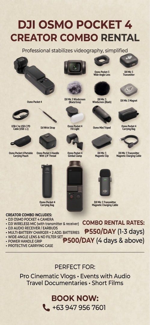 DJI Osmo Pocket 4 for Rental (Category: Video Cameras) located in Manila. Submitted by beb777 (Listing ID 1463942826, Image 2). Description: 📢 Attention Creators! Level up your content game! 📸✨ We are officially open for DJI OSMO POCKET 4 CREATOR COMBO RENTAL! 🎬 Professional, 3-axis stabilized 4K videography is now simplified and accessible. Everything you need to shoot high-quality, cinematic vlogs, cover events with professional audio, creat