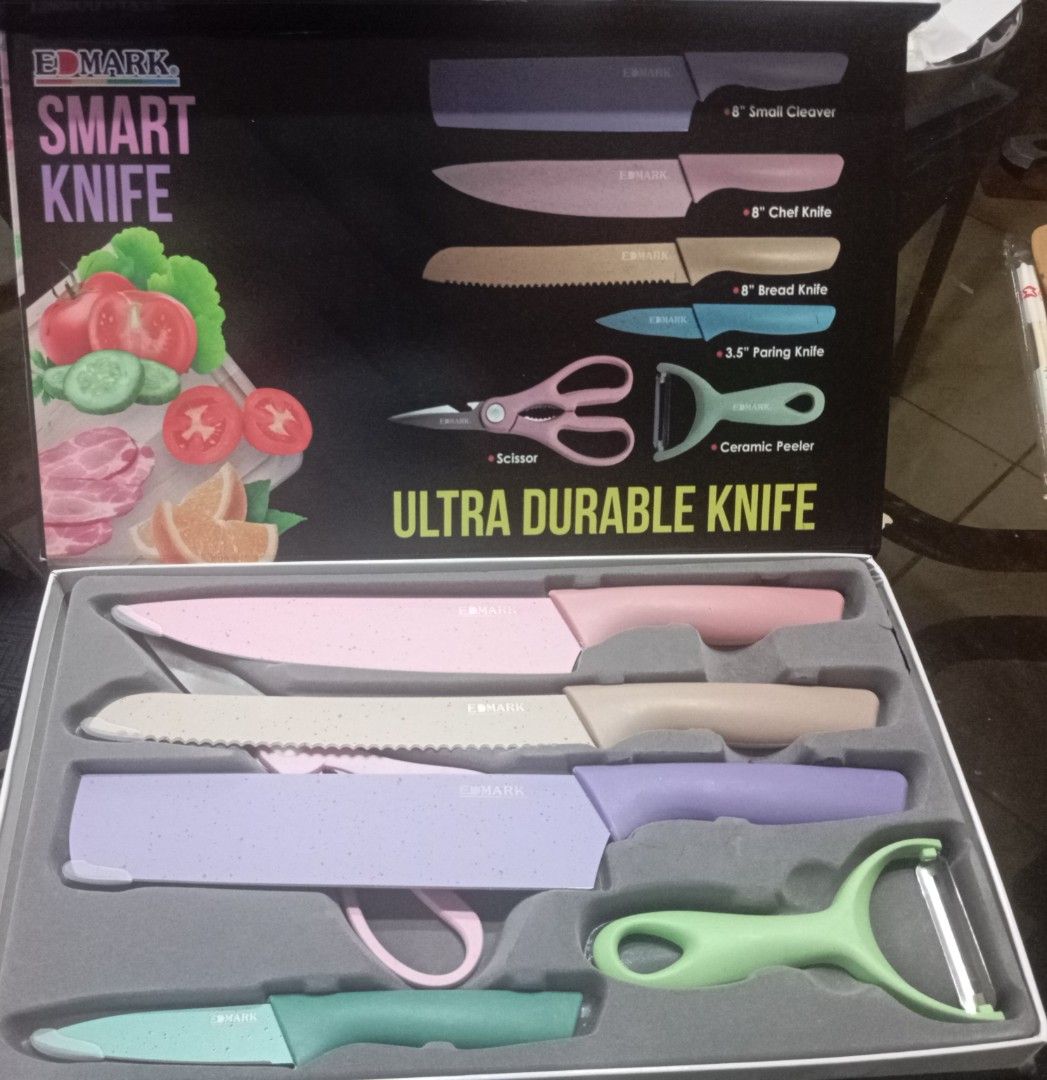EDMARK Smart Knife Set with Peeler and Scissor (Category: Knives & Chopping Boards) located in Manila. Submitted by mar101213 (Listing ID 1464123033, Image 2). Description: - Complete EDMARK Smart Knife Set - Includes: 8" Small Cleaver, 8" Chef Knife, 8" Bread Knife, 3.5" Paring Knife - Also comes with Kitchen Scissors and Ceramic Peeler - Ultra durable knives - Perfect for all your kitchen prep needs.