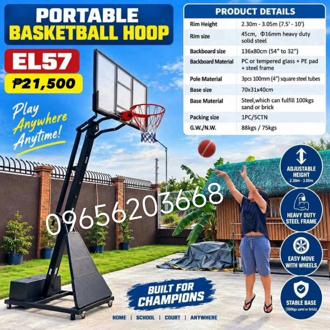 EL57 Portable basketball HOOP (Category: Home Improvement Tools & Accessories) located in Manila. Submitted by nadlor30 (Listing ID 1464074227, Image 1). Description: ‼️DIRECT WAREHOUSE‼️✓Complete Accessories✓Heavy Duty / Durable✓High Quality Brand New.