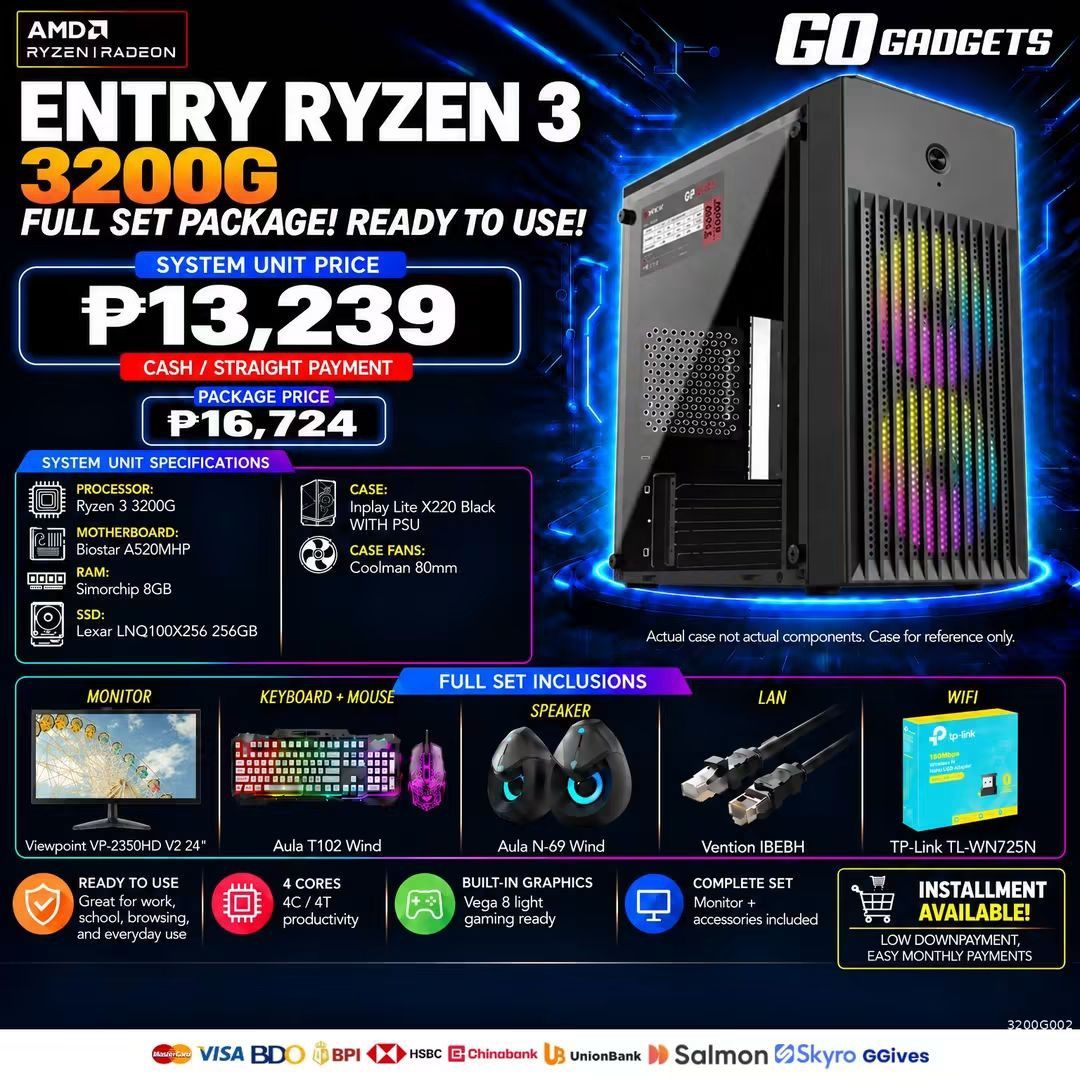 Entry Ryzen 3 3200G PC Package 2 (Category: Desktops) located in Caloocan City. Submitted by kentsalvador31 (Listing ID 1464085034, Image 1). Description: ENTRY RYZEN 5 3400G | RADEON VEGA 11 | INPLAY LITE X220 | 8GB RAM | 128GB SSD | 20" MONITOR Go Gadgets - Kawit Cavite 💬 Message us now for full specs & recommendations! 🖥️ We offer: ✔ Gaming PC Builds ✔ Work / Office PC Builds ✔ Editing / Productivity PC Builds ✔ PC upgrades and accessories �