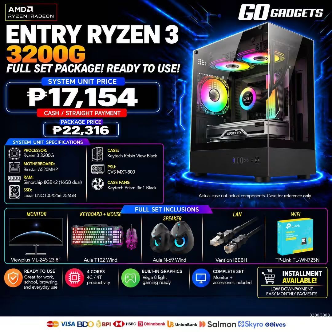 Entry Ryzen 3 3200G PC Package 3 (Category: Desktops) located in Caloocan City. Submitted by kentsalvador31 (Listing ID 1464085047, Image 1). Description: ENTRY RYZEN 3 3200G | VEGA 8 | KEYTECH ROBIN VIEW | 16GB RAM | 256GB SSD | VIEWPLUS 23.8" MONITOR Go Gadgets - Kawit Cavite 💬 Message us now for full specs & recommendations! 🖥️ We offer: ✔ Gaming PC Builds ✔ Work / Office PC Builds ✔ Editing / Productivity PC Builds ✔ PC upgrades and accesso