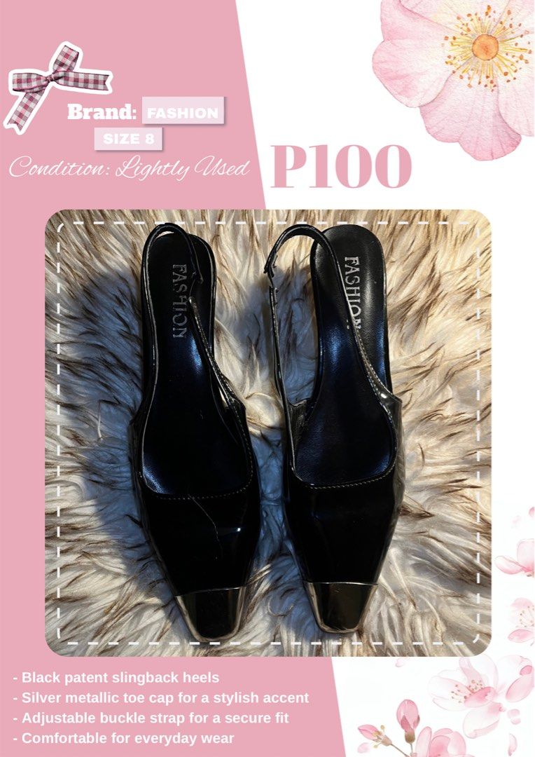 FASHIO Black Patent Slingback Heels Size 8 (Category: Heels) located in Las Pinas. Submitted by francesaly (Listing ID 1463825020, Image 1). Description: - Brand: FASHIO - Type: Slingback Heels - Color: Black Patent - Size: 8 - Feature: Silver metallic toe cap - Fit: Adjustable buckle strap - Condition: Lightly used - Comfort: Suitable for everyday wear.