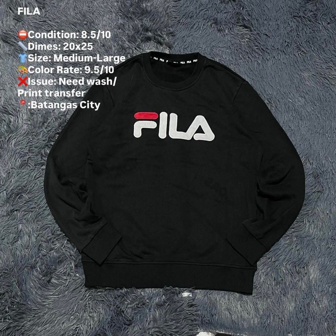 FILA Black Sweatshirt Medium-Large (Category: Coats, Jackets and Outerwear) located in Batangas. Submitted by jaylord_g (Listing ID 1464111216, Image 1). Description: - Black FILA sweatshirt - Size: Medium-Large - Dimensions: 20x25 - Note: Print transfer requires washing - Condition: Selling as is - Location: Batangas City.