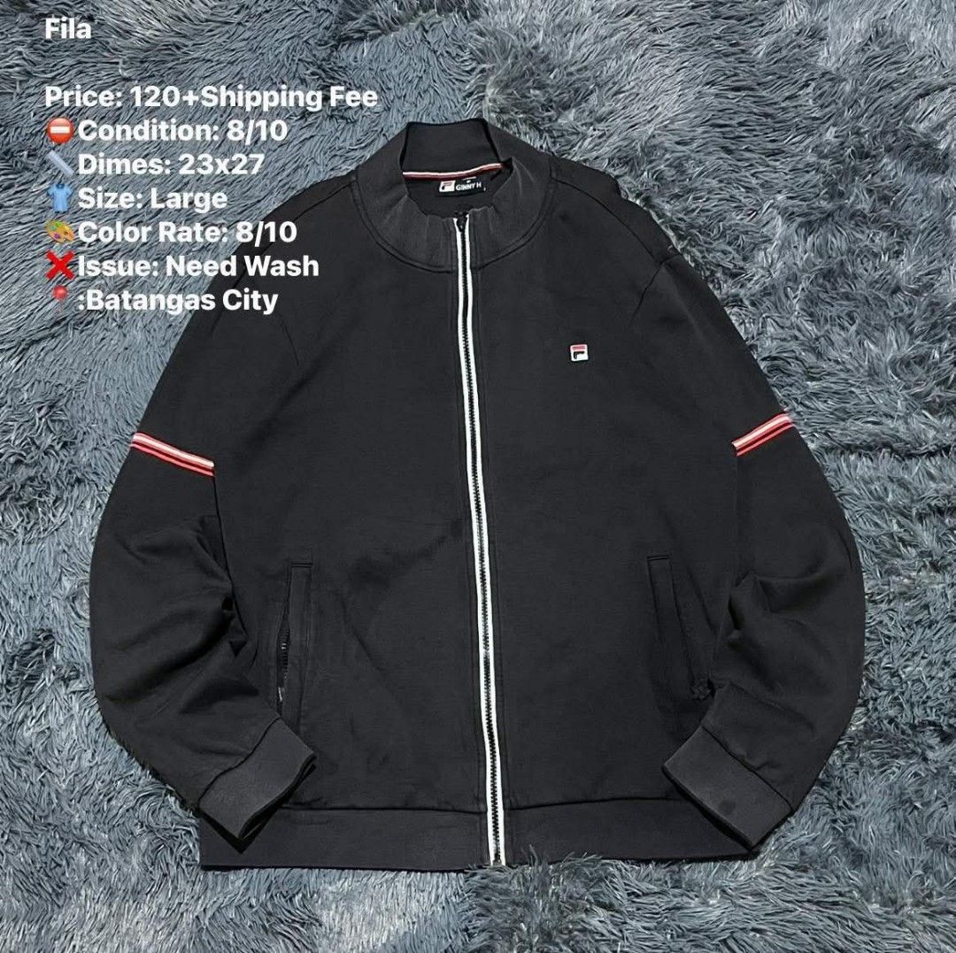 Fila Black Track Jacket Large (Category: Coats, Jackets and Outerwear) located in Batangas. Submitted by jaylord_g (Listing ID 1464109822, Image 1). Description: - Fila Track Jacket - Color: Black - Size: Large - Measurements: 23" (width) x 27" (length) - Features: Fila logo on chest, stripe details on sleeves, zipped front, zipped pockets - Condition: Needs a wash - Location: Batangas City.