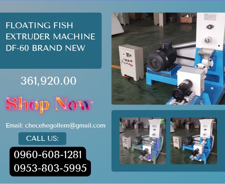 Floating Fish Extruder Machine DF-60 BRAND NEW (Category: Other Home Appliances) located in Caloocan City. Submitted by acergollem65014 (Listing ID 1463942852, Image 1). Description: ●Capacity:120-150kg/h ●Screw Diameter:60mm ●Main Power:15kw ●Feeding Power:0.4kw ●Cutting Power:0.4kw ●Voltage:220V 3Phase .