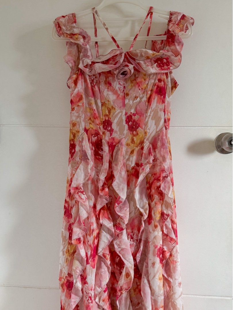 Floral Ruffle Rosette Cold-Shoulder Midi Dress (Category: Dresses) located in Marikina City. Submitted by hellolei_c (Listing ID 1464006484, Image 3). Description: • Medium • Warm pink, coral & yellow • Adjustable thin shoulder straps • Worn once for an event .