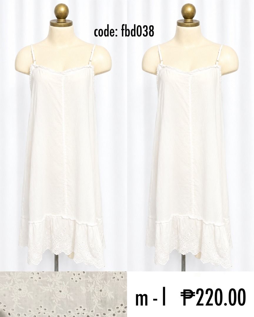 Flowy Eyelet dress (Category: Dresses) located in Naga. Submitted by findsbydonna.ph (Listing ID 1464076897, Image 1). Description: -Light cotton material -Flowy with eyelet details -White in actual (No discolorations) -Adjustable straps -Mine/Code.
