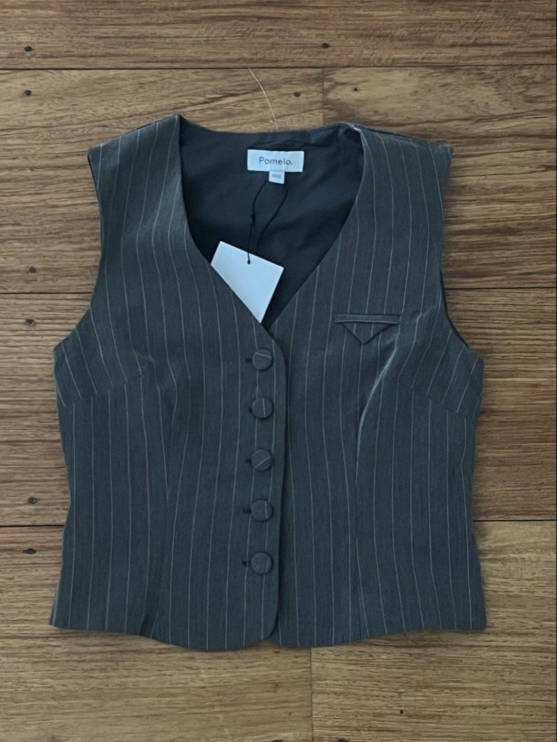 Formal Grey Pinstripe Cropped Vest (Category: Coats, Jackets and Outerwear) located in Pasig City. Submitted by tiny_studios (Listing ID 1464002569, Image 1). Description: - from pomelo bangkok - size xxs - brand new w tag! 🏷️ - never used as i didnt end up needing it lol.