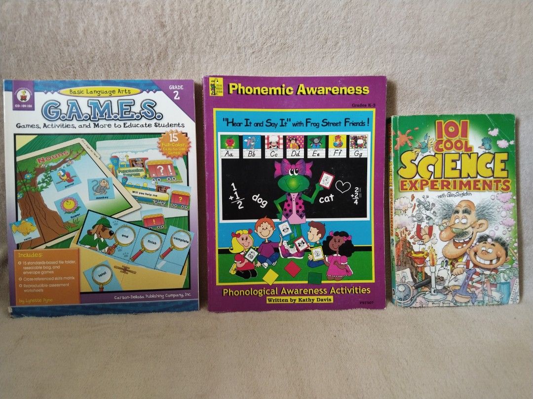 G.A.M.E.S. Phonemic Awareness & 101 Cool Science Experiments Books (Category: Children's Books) located in Cavite. Submitted by munting_aklatan_ph (Listing ID 1463965404, Image 1). Description: - No writings on pages, unused, creased covers - Bundle of 3 educational books for kids. - Includes: G.A.M.E.S. Basic Language Arts Grade 2, Phonemic Awareness Grades K-3, and 101 Cool Science Experiments. - Great for learning and fun activities. - Perfect