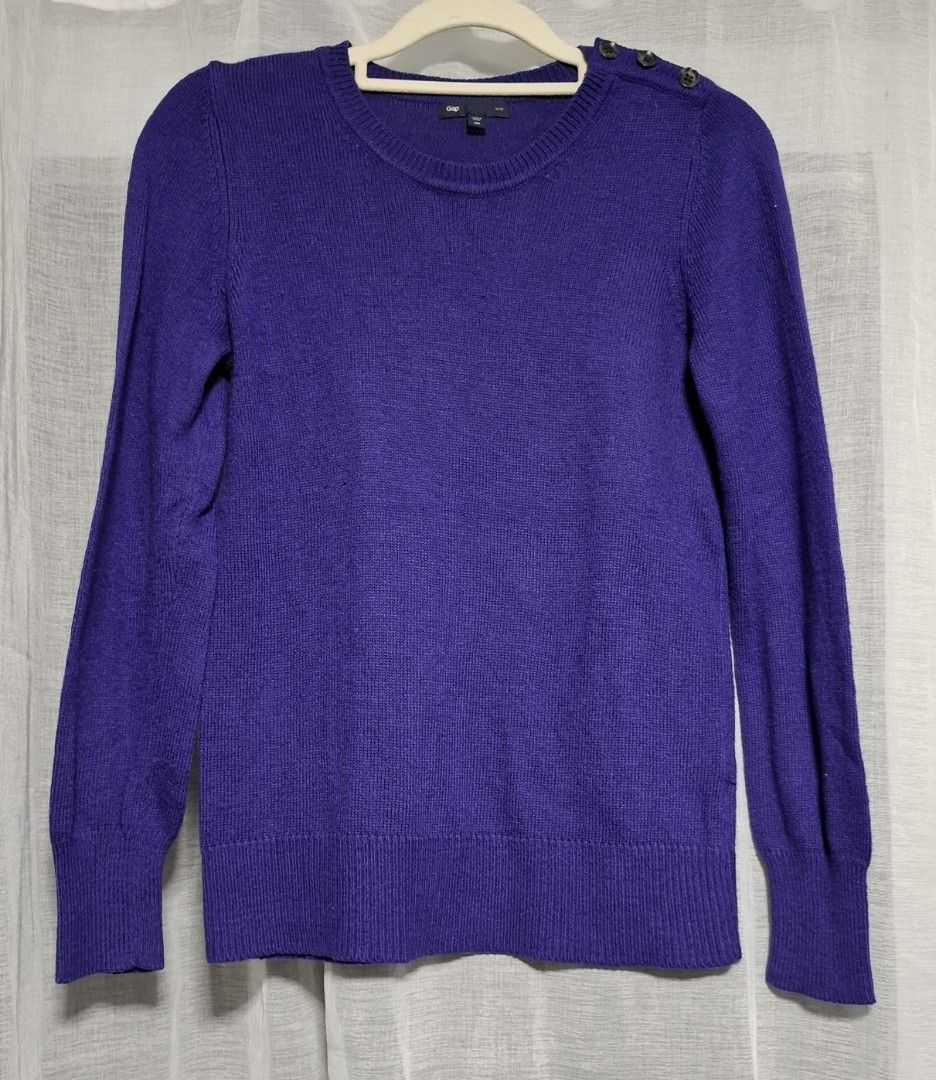 Gap Purple Crew Neck Sweater with Button Detail (Category: Longsleeves) located in Manila. Submitted by jazil.ladyliz (Listing ID 1464073524, Image 1). Description: - Purple Gap sweater - Crew neck style - Button details on the left shoulder - Long sleeves with ribbed cuffs and hem - Made from soft knit material - Ideal for layering or wearing solo.
