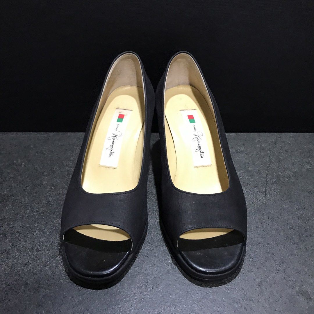 Ginza Kanimatsu Peep-toe Heels Black (Category: Heels) located in Baao. Submitted by all.things.japan (Listing ID 1463993975, Image 3). Description: - Brand: Giorgio Grati - Style: Black Peep-Toe Heels - Material: Textured fabric upper - Heel Type: Comfortable block heel - Condition: Soles show wear, insoles are clean - Perfect for: Work or casual outings.