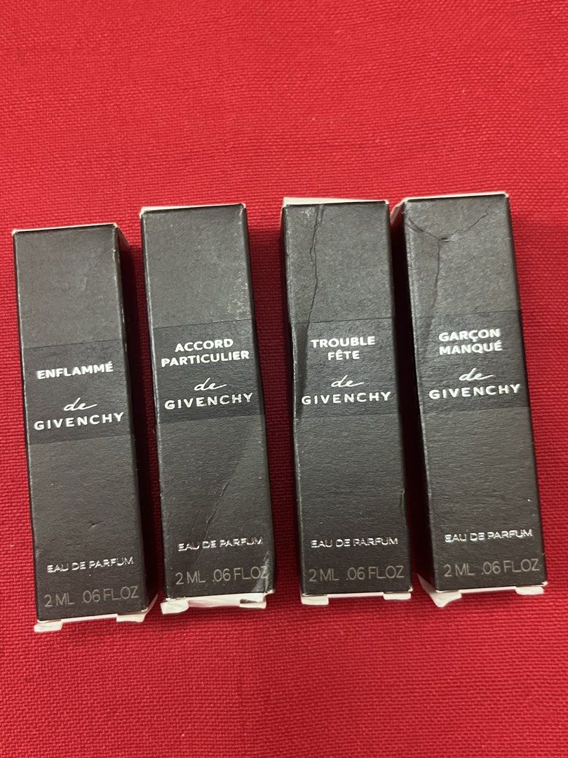 GIVENCHY EAU DE PERFUME (Category: Fragrance & Deodorants) located in Manila. Submitted by luxeclassyshop (Listing ID 1464002403, Image 1). Description: Vials only 2ml each Scent available ACCORD PARTICULIER GARCON MANQUE TROUBLE FETE ENFLAMME .
